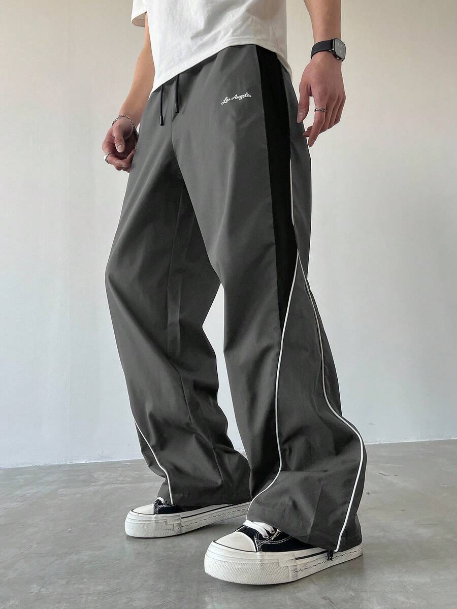 Manfinity EMRG Men's Casual Color Block Drawstring Straight Leg Pants, Loose Fit Long Patchwork Black Straight Leg Sweatpants, Fall Football - Dark Grey - View 1