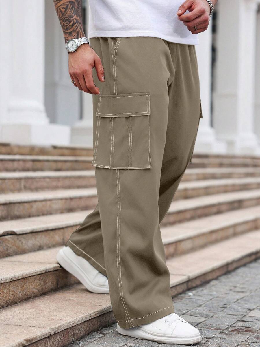 Manfinity Homme 秋季大码女式工装口袋阔腿宽松休闲裤 - 卡其色 - 查看 1