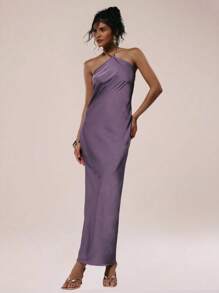 MUSERA Đầm maxi satin dáng suông cổ yếm bằng tre, thích hợp cho kỳ nghỉ hè, tiệc tùng, dự đám cưới, sinh nhật, câu lạc bộ, tiệc brunch gợi cảm, đi chơi trên du thuyền, tiệc tùng, thanh lịch, Ibiza, dịp đặc biệt, nữ tính, dễ thương. - Màu tím - Xem 1