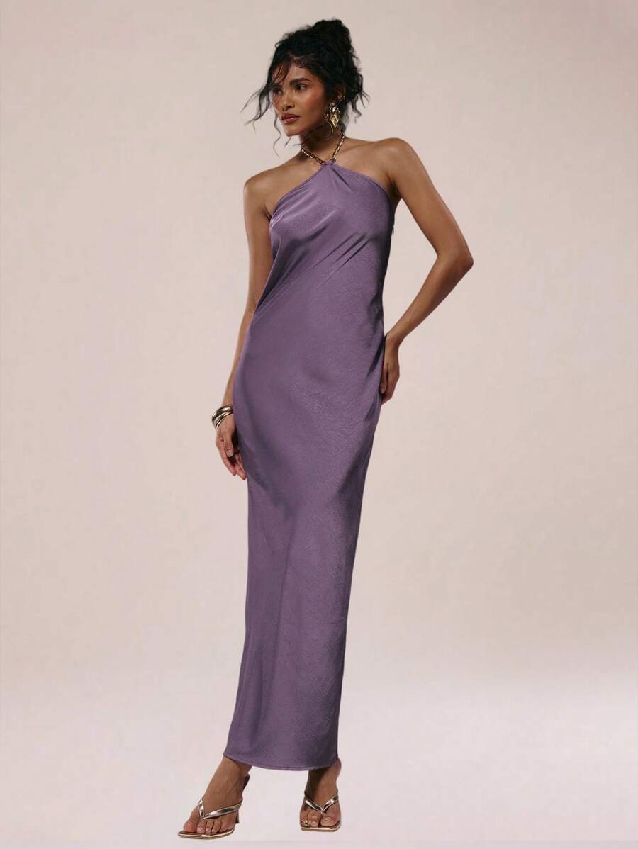 MUSERA Đầm maxi satin dáng suông cổ yếm bằng tre, thích hợp cho kỳ nghỉ hè, tiệc tùng, dự đám cưới, sinh nhật, câu lạc bộ, tiệc brunch gợi cảm, đi chơi trên du thuyền, tiệc tùng, thanh lịch, Ibiza, dịp đặc biệt, nữ tính, dễ thương. - Màu tím - Xem 1