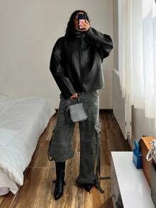 StreetHx 女士时尚百搭立领复古夹克 - 深灰色 - 查看 4