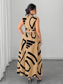 Elenzga 大码无袖短款上衣性感优雅休闲/度假连衣裙 - 卡其色 - 查看 6