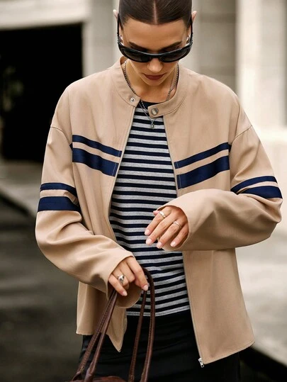 Hanevo Women's Casual Fashion Street Contrast Stripe Print Loose Fit Jacket, Spring/Autumn Fall Winter Cloth For Women