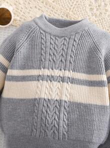 SHEIN 2 piezas Conjunto de suéter y pantalón para niños pequeños, suéter de rayas grises y blancas, y pantalón largo