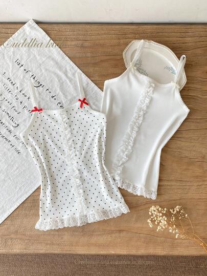 2pcs/Set Girls' Lace Trim Comfortable Soft Undershirts Young Girl Tank Tops Girls White Tank Top Lace Trim Tank Top Polka Dot Tank Top Girls Summer Tops
