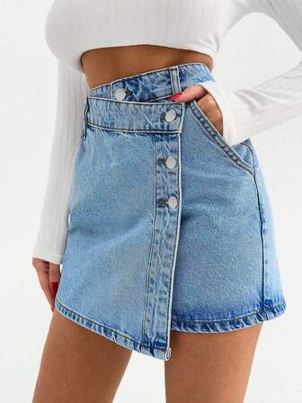 SHEIN Tall WOMEN MINI SKIRT MEDIUM WASH BUTTON DETAIL TALL Blue Jean Skirts Denim Skirt Mini Jean Skirt Y2k