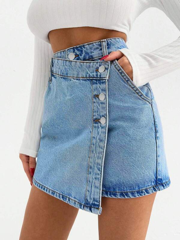 SHEIN Tall WOMEN MINI SKIRT MEDIUM WASH BUTTON DETAIL TALL Blue Jean Skirts Denim Skirt Mini Jean Skirt Y2k