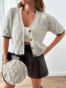 EURMUSE Women Contrast Trim V-Neck Front Tie Pom Pom Detailed Short Sleeve Cardigan Button Up Cardigan Fall Country Women Clothes Back To School,Long Cardigans Woman,Petite Cardigans,Cardigans - Beige - View 8