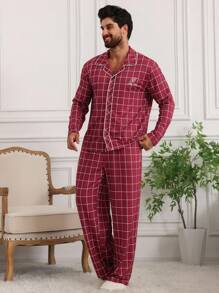 DAZY Men's Plaid Red Pattern Letter Embroidery Loungewear Set, Autumn Pajama - Red - View 5