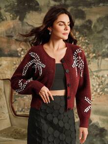 Anewsta 镶钻针织开衫，优雅别致，时尚有型，适合秋季、冬季、新年、圣诞节、外出穿着 - 酒紅色 - 查看 3