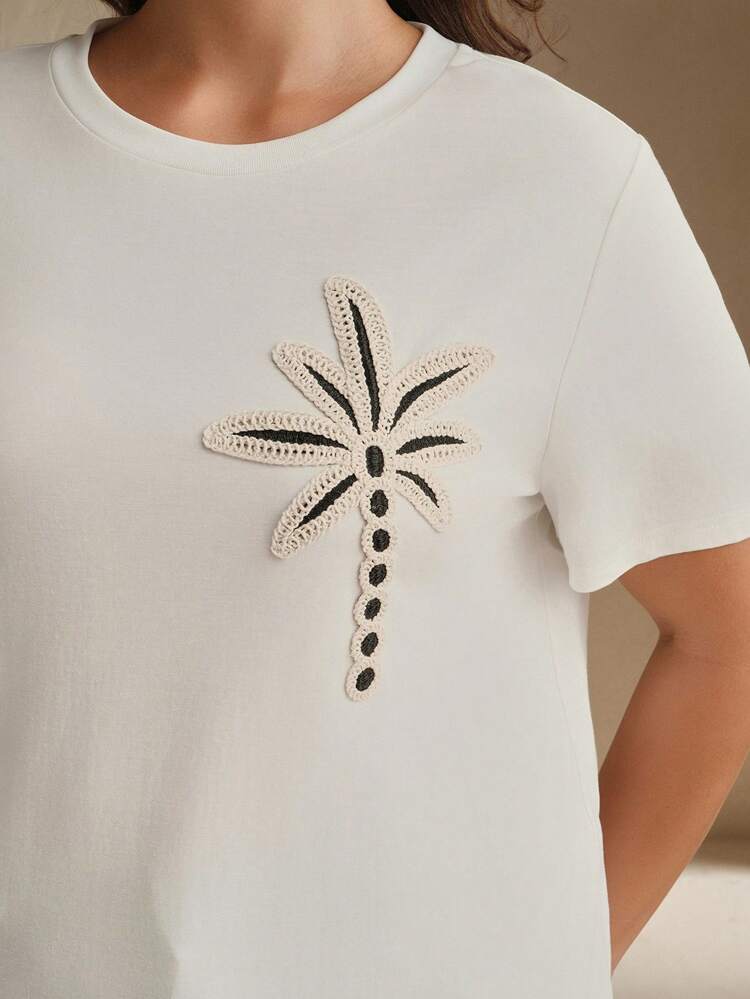 T-shirt beige à manches courtes, col rond, avec appliqué, polyvalent et décontracté, tailles grandes