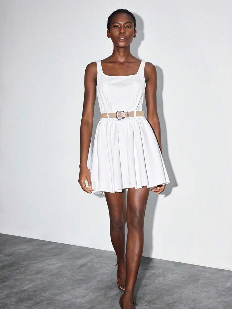 SHEIN Maija Women's White Denim Dress With Belt Sleeveless Waisted French Suspender Dress Ballet Style Dress Back To School Clothes All White Party Outfit Women, Going Out