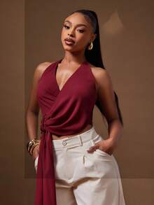 Denimoi 雪纺垂坠斜襟前结上衣，适合约会之夜晚餐早午餐 - 酒紅色 - 查看 3