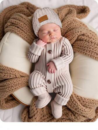 SHEIN Cozy Long Sleeve Newborn Button-Up Jumpsuit In Soft Striped Fabric Newborn Knit Outfit Boy Newborn Outfit Photoshoot Boy Neutral Newborn Baby Clothes Newborn Sweater Romper Newborn Knit Romper