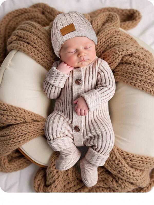 SHEIN Cozy Long Sleeve Newborn Button-Up Jumpsuit In Soft Striped Fabric Newborn Knit Outfit Boy Newborn Outfit Photoshoot Boy Neutral Newborn Baby Clothes Newborn Sweater Romper Newborn Knit Romper
