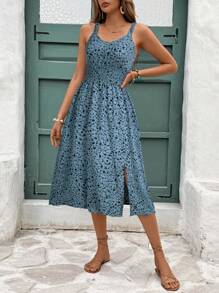 SHEIN Frenchy Women's Floral Print Oversized Round Neck Casual Sleeveless Midi Dress, Summer,Casual Dresses For Women Blue