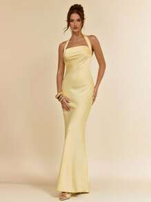 SHEIN BAE 女士春夏性感简约纯黄色缎面露背吊带连衣裙，适合派对、鸡尾酒会、正式场合、伴娘、生日庆典 - 黃色 - 查看 4