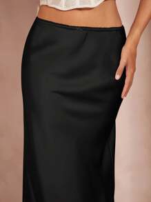 SHEIN BAE Women's High Waisted Solid Satin Skirt With Apricot Bow Lace Waistband, Maxi Length - Black - View 6