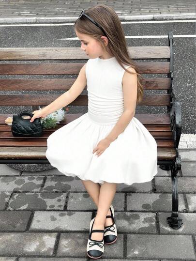 SHEIN 年轻女孩优雅纯色立领褶皱无袖 Y2k 连衣裙，适合休闲日常穿着和学校日常穿着，返校