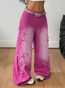 Coolane 女款饶舌歌手运动休闲垃圾摇滚星形图案水洗牛仔裤