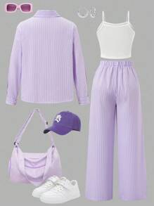 SHEIN 青少年女孩三件套，街头酷炫条纹长袖衬衫、裤子和吊带背心，适合春季和秋季 - 彩色 - 查看 2