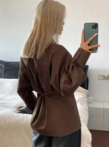 DAZY Women's Solid Color Loose Split Button Waist Long Sleeve Casual Elegant Blouse, Spring/Autumn,Fall Women Clothes - Coffee Brown - View 1