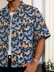 SWAVVY Men's Casual Vacation Style Allover Butterfly Print Short Sleeve Loose Shirt, Summer - Multicolor - View 5