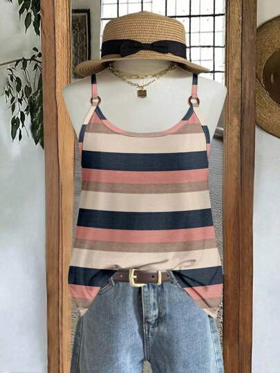 EMERY ROSE Plus Size Women's Casual Colorful Striped Print Sleeveless Tank Top With Round Ring Decor, Suitable For Spring/Summer Holiday And Leisure Striped Tank Top Summer Tank Tops Women Casual Summer Tops Back To School