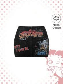 Betty Boop | ROMWE Y2K 复古虎纹紧身迷你牛仔裙 - 黑色 - 查看 2