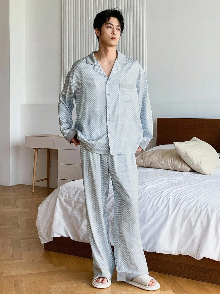Blue Plaid Shirt Paired With Men's Loungewear Set, Autumn, Fall Clothes Pajama