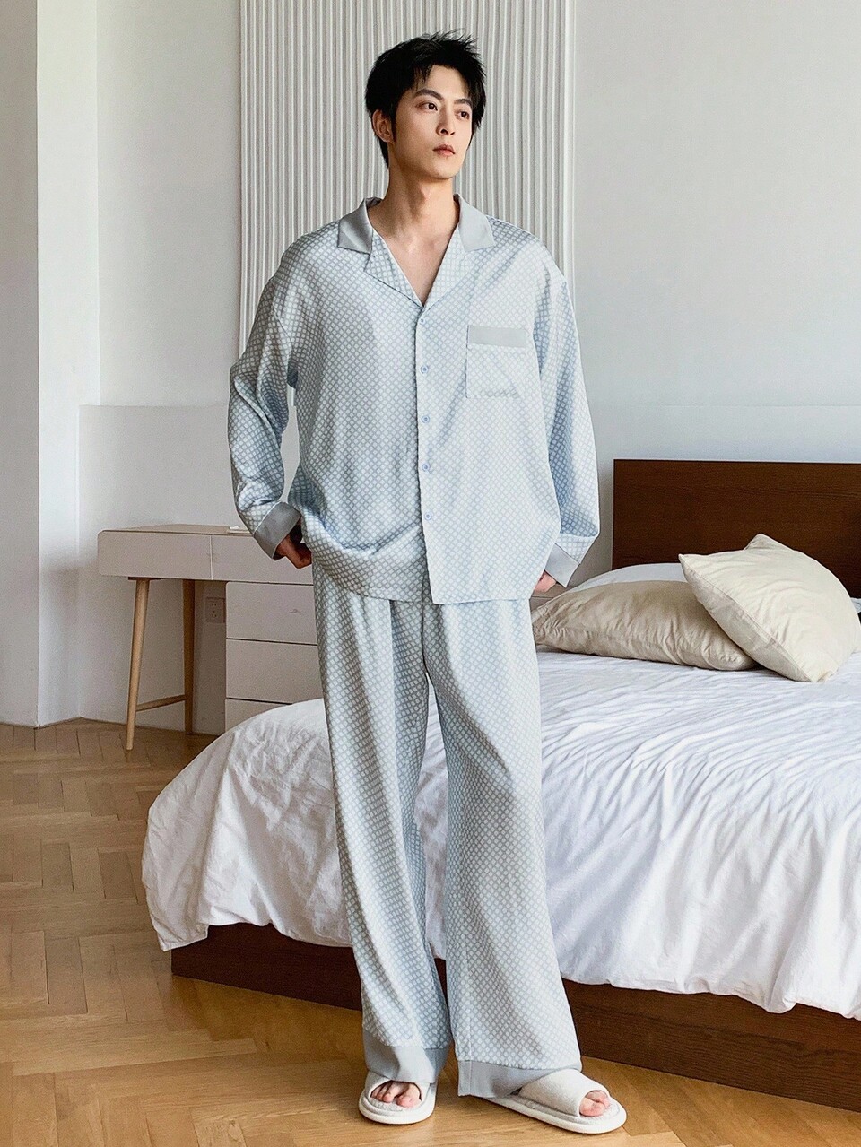 Blue Plaid Shirt Paired With Men's Loungewear Set, Autumn, Fall Clothes Pajama