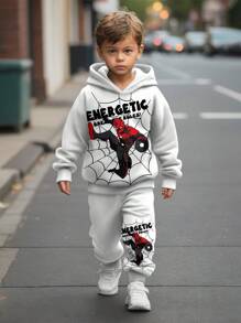 SHEIN Conjunto de sudadera con capucha y manga larga de diseño minimalista para niños pequeños, estilo deportivo y casual, cómodo para otoño/invierno