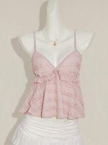 Sweetina Blusa de tirantes de mujer con volantes de tela texturizada de unicolor para el verano y vacaciones - Rosa - Ver 3