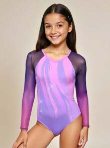 SHEIN Leotardo de manga larga con estampado de rhinestones morados para niñas preadolescentes, ropa deportiva para entrenamiento y competición, para todas las temporadas - Multicolor - Ver 3