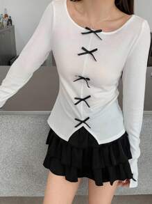 SHEIN Áo thun dài tay cổ tròn màu trơn cho nữ tuổi teen, tay raglan, phối nơ tương phản, kiểu dáng thường ngày, thích hợp cho kỳ nghỉ, mùa xuân/hè, năm mới/trở lại trường/ngày đầu tiên đi học. - trắng - Xem 5