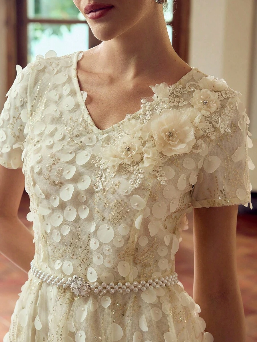 ZEYLAH 撞色亮片仿珍珠束带连衣裙 - 米色 - 查看 1