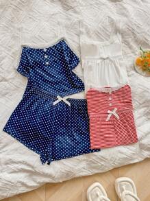 SHEIN 6件套女士休闲修身仿门襟蕾丝拼布花卉印花吊带背心和短裤睡衣套装 - 彩色 - 查看 3