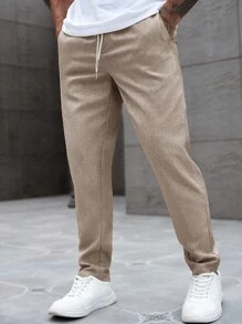 Manfinity Homme Men's Solid Color Drawstring Waist Pocket Tapered Casual Pants, Versatile, Fall - Brown - View 5