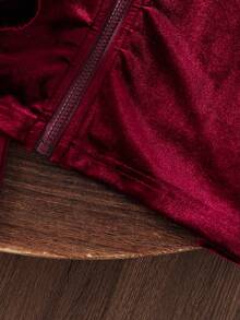 Tween Girls Velvet Zip-Up Hoodie & Pants Set, Autumn Fall Winter - Burgundy - View 6