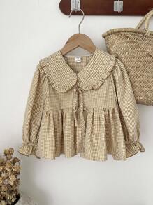 Vintaside Kids 女童彼得潘领衬衫，长袖，可爱时尚，百搭春秋休闲衬衫，田园风，可拆卸蝴蝶结装饰，优雅甜美 - 卡其色 - 查看 9