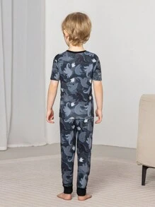 GODZILLAxKONG X SHEIN 2pcs Young Boy Snug Fit Cartoon Graphic Crew Neck Short Sleeve Top And Pants Knit Comfortable Casual Sleepwear Pajama Set - Black - View 2