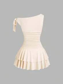 Sweetra Women's Summer Vacation Style Minimalist Solid Color Asymmetrical Neck Ruffle Waist Layered Ruffle Hem Dress - Apricot - View 2