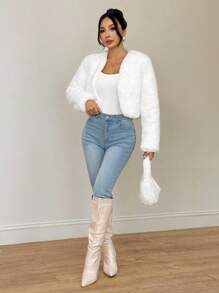 SHEIN PETITE Women's Solid Color Elegant Fashion Faux Fur Long Sleeve Jacket, Autumn/Winter White Faux Fur Jacket