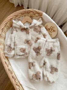 SHEIN Babygirl 可爱卡通图案连帽连体裤家居服，秋冬 - 米色 - 查看 7