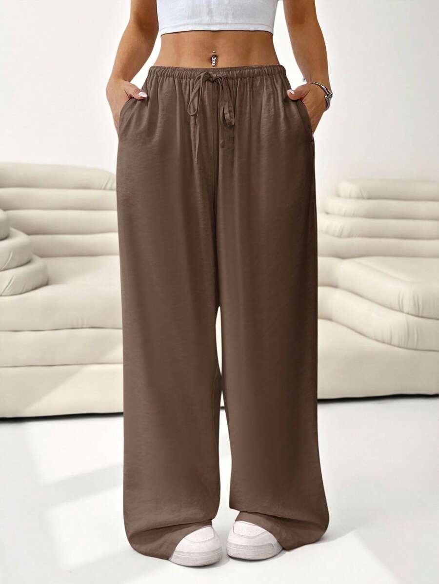 SHEIN EZwear 春夏季大码纯色抽绳腰宽松阔腿裤 - 棕色 - 查看 1