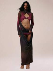 MUSERA 裹颈网眼印花超大剪裁多层垂坠长裙垂坠长袖秋冬秋季夏季假期夜晚外出约会之夜婚礼宾客生日俱乐部性感早午餐外出游轮派对优雅伊比沙岛场合少女可爱 - 彩色 - 查看 1