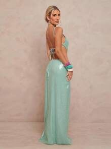 Lumalex Trang phục Thu Đông kín đáo, sang trọng, lấp lánh, thích hợp cho tiệc tùng, lễ hội, đi biển, nghỉ dưỡng, phong cách Bohemian, BOHO, ngoài trời, tiệc cưới nhiều lớp, lễ trưởng thành, bãi biển, ven biển, đính sequin, hở lưng, xẻ cao với eo khoét kim loại dành cho nữ, dạ hội sang trọng, Giáng sinh và Năm mới. - Màu xanh bạc hà - Xem 2