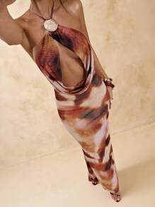 SHEIN BAE 扎染不对称褶皱修身细肩带露背连衣裙，优雅，海滩度假连衣裙，露背长裙，春夏