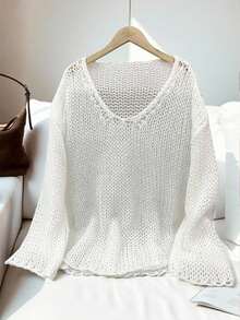 SHEIN LUNE Solid Color Drop Shoulder Sweater,Long Sleeve Tops - White - View 4