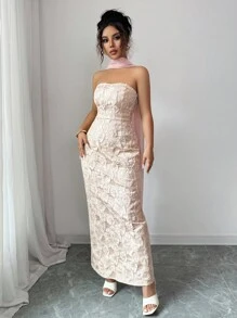 Elenzga Women's Elegant Romantic Pink & Gold Floral Jacquard Fabric Strapless Waist-Cinched Straight Hem Dress With Neck Tie, Suitable For Dates, Shopping, Music Festivals And More, Spring/Summer - Pink - View 6